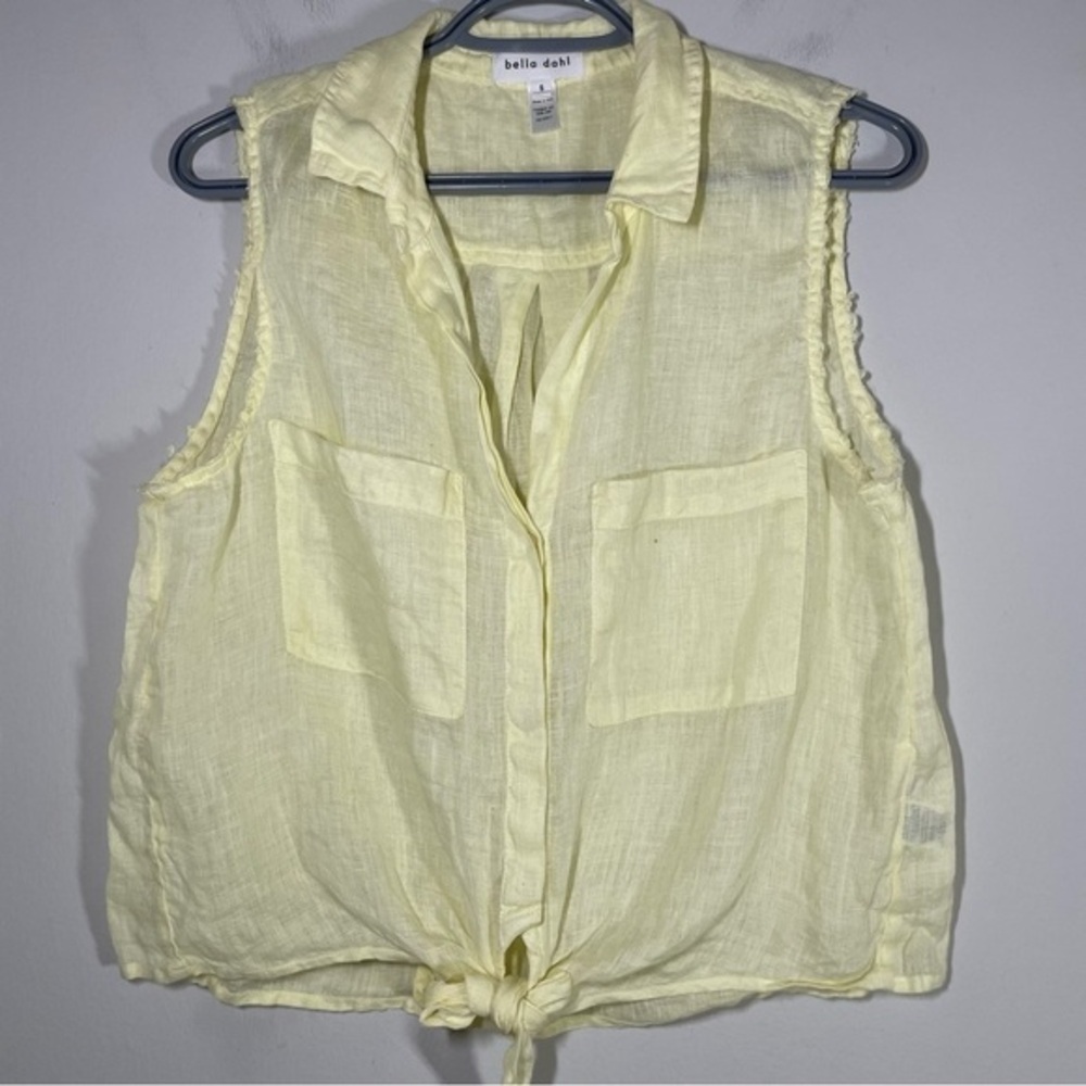 BELLA DAHL Sleeveless Frayed Tie Up Button Down Linen Shirt size S